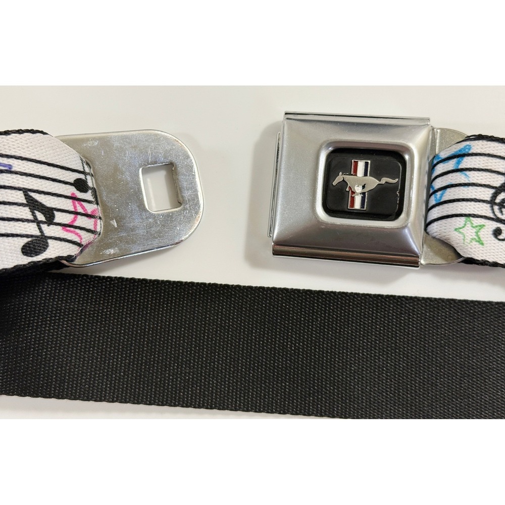 Buckle-Down Seatbelt Belt Unisex OS White Music Notes Mustang Logo Adjustable